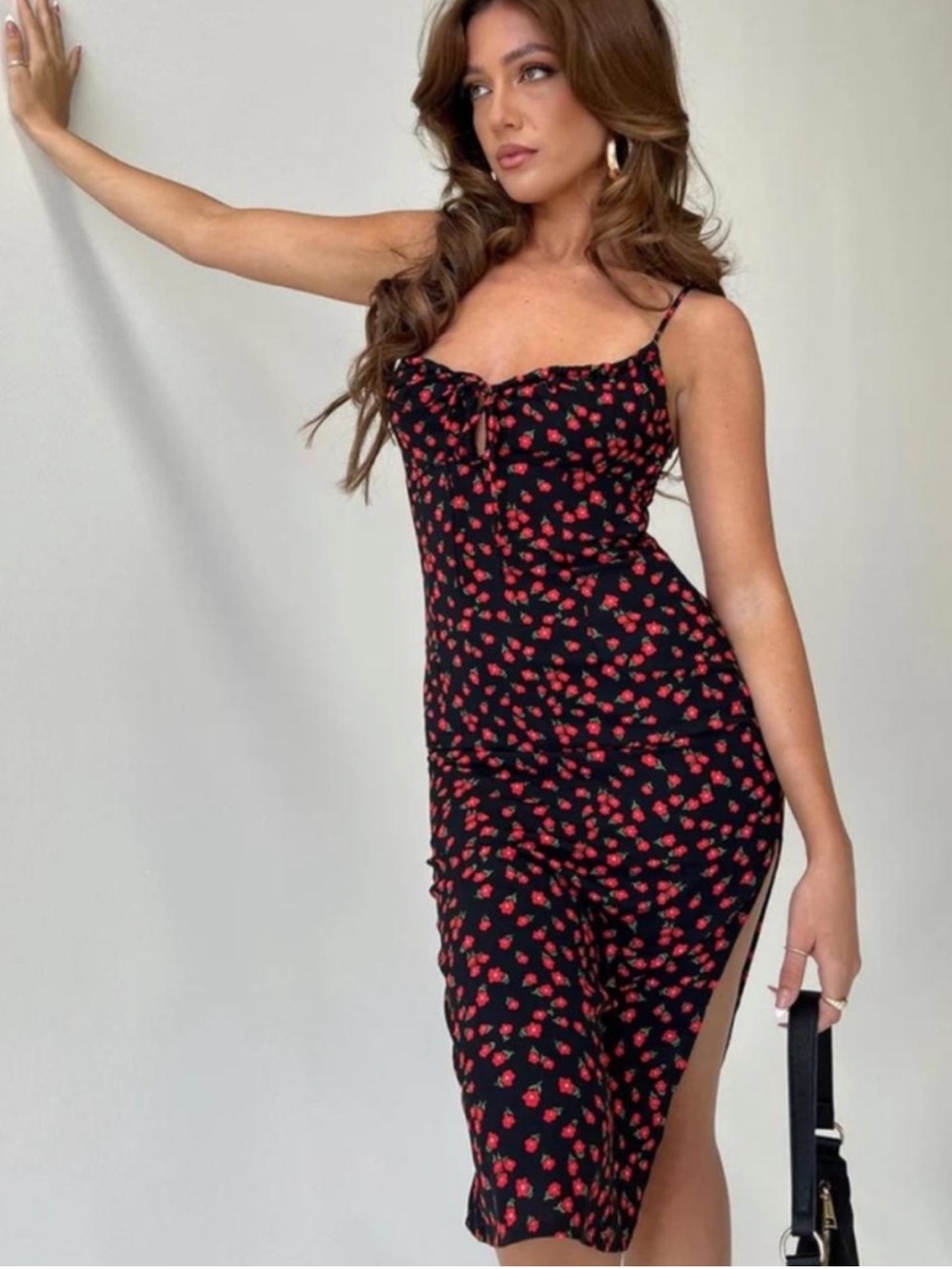 Princess Polly Black Noda Midi Dress with Red Floral Pattern